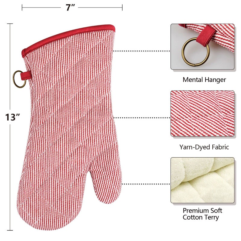 RED LMLDETA 1 Pair Yarn Dyed Oven Mitts 100% Cotton Heat Resistant 470 Degree Gloves Men Women Cooking Baking Barbecue BBQ Microwave Crafting Machine Washable Pot Holders Mittens (red2) - Image 2